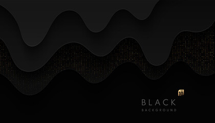 Wall Mural - Abstract black wavy shape overlap layers with glowing golden glitter dots on dark background. Luxury and elegant template with copy space. Can use for brochure, poster, banner web, print. Vector EPS10
