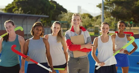 Sticker - Portrait of diverse group of field hockey players and coach standing together before playing game. Smiling sports trainer feeling powerful with arms crossed in front of team before match. Ready to win