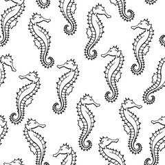 Wall Mural - Seamless pattern with seahorse. Marine background.  Hand drawn vector illustration in sketch style.