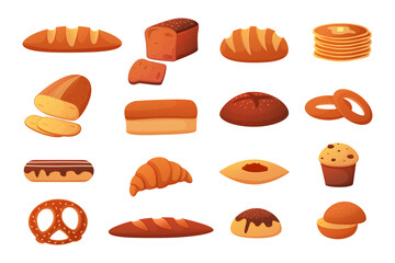 Cartoon bread. Slice of whole food, french baguette, fresh croissant and cupcake, toasts and bagels, sweet cakes and pretzel. Breakfast pastry, isolated elements for bakery. Vector set