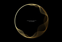 Vector Abstract Circles Lines Wavy In Round Frame Gold Light Isolated On Black Background With Empty Space For Text In Luxury Style.