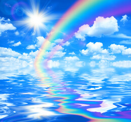 Wall Mural - sunny background with rainbow, blue sky with white clouds and sun reflected in calm water, 3d illust