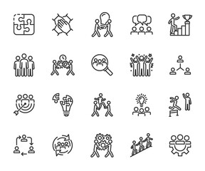 Vector set of teamwork line icons. Contains icons team building, collaboration, team, motivation, team goal, working group, management, cooperation and more. Pixel perfect.