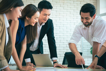 Successful Group of Asian business people team with smile and happy , Smiling group of business team showing unity with their hands together , working planning and ideas concept