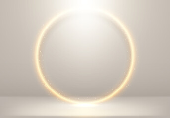 Wall Mural - 3d elegant glowing golden circle with lighting and gold glitter on stage beige background