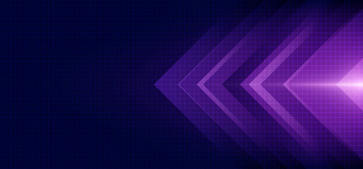 Wall Mural - Abstract blue and purple arrow glowing with lighting and line grid on blue background