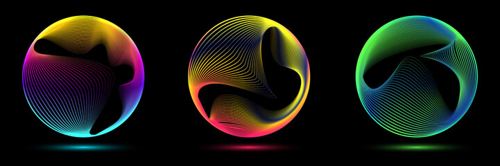 Wall Mural - Set of glowing neon color circles round curve shape with wavy dynamic lines isolated on black background