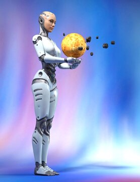 Cyberfrau mit Venus, Android, Meteoriten, Cyberspace, Cyborg, farbiger Hintergrund, 3d Rendering