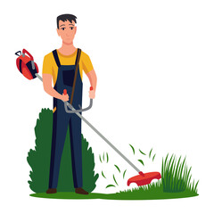 Professional gardener working on backyard and mowing lawn with electric mower. Male handyman cutting grass in garden. Colored flat cartoon vector illustration of professional worker