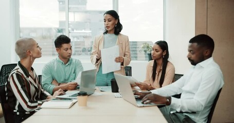 Poster - Diverse group of businesspeople talking during a meeting in the office. Confident businesswoman leading team brainstorm in boardroom. Young professional colleagues planning strategy with technology