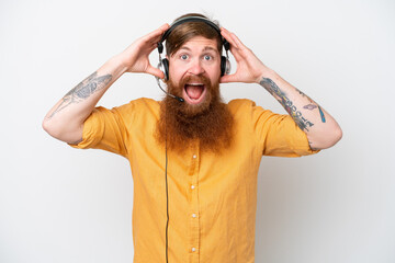 Wall Mural - Telemarketer man isolated on white background with surprise expression