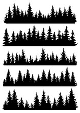 Fir Trees Silhouettes Set. Coniferous Or Spruce Forest Horizontal Background Patterns, Black Pine Woods Vector Illustration. Beautiful Hand Drawn Coniferous Panoramas