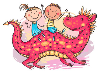 Leinwandbilder - Illustration of happy children riding a fairy red dragon
