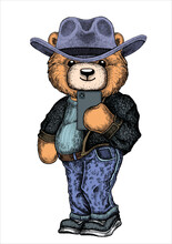 Cute Teddy Bear In Christmas Hat And Blue Jeans. Cool Boy Selfie