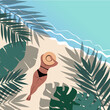 The curvy girl on the ocean beach in a panama is sunbathing with tropical palm leaves on a background