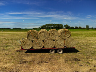 Wall Mural - bales of hay Round bay bales piled on a trailer ready for collection in the English countryside farmland