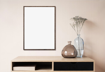 Blank picture frame mockup on white wall. Artwork in minimal interior design. View of modern boho style interior with canvas for painting or poster on wall. Minimalism concept