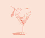 Fototapeta Zachód słońca - Summer vacation concept retro illustration with summer cocktail glass with umbrella and woman legs isolated on pink background. Vector illustration