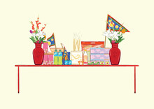 Cute Snack And Cookies Containers And Triangle Flags On The Red Table For Taiwan Ghost Festival In Flat Simple Cartoonish Illustration Art Design