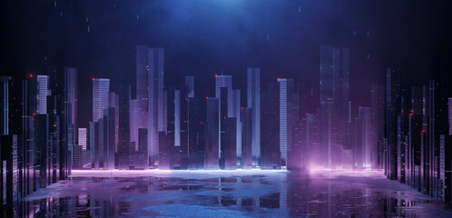 Wall Mural - 3D Rendering of neon mega city with light reflection from puddles on street heading toward buildings. Concept for night life,  business district center (CBD)Cyber punk theme, tech background 