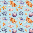 © Hanna - Watercolor Seamless pattern with starfish, crab, shells. Blue background