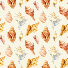 Watercolor Hand Drawn Vintage Sea Background For Wallpaper. Seamless Pattern With Seashells. 