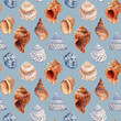 © Hanna - Seamless pattern with seashells. Watercolor hand drawn vintage sea background for wallpaper