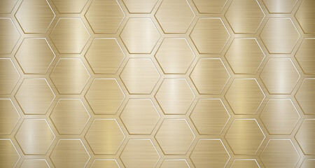 Canvas Print - Abstract metallic background in golden colors with highlights and a big voluminous convex hexagonal plates