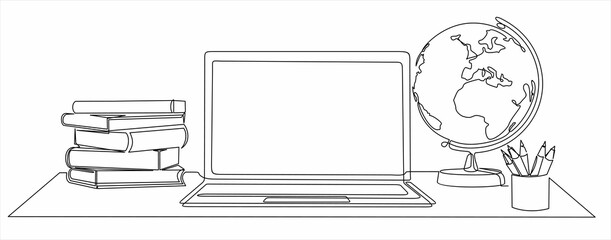 Poster - One continuous line drawing of computer laptop, globe, books stack and  pencils. Study space desk concept. Single line draw design vector illustration