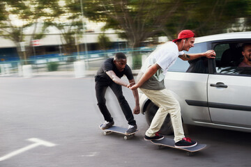 Sticker - Never let your best friends do stupid things alone. Shot of two skaters holding on to a moving car.