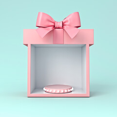 Fototapete - Display showcase stand blank pink gift box with pink pastel color ribbon bow and product light bulbs podium isolated on cyan background minimal conceptual 3D rendering