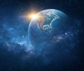 Wall Mural - planet earth, viewed from space focusing on north america, usa. earth globe in deep space, stars shi