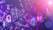 © DIgilife - Metaverse VR game cyberspace of binary number digital technology concept, teenage man and woman with VR headset playing virtual reality game