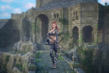 Fantasy Female Elf Archer Walking With Bow And Arrow In Hand Across A Bridge Outside An Elven Castle. 3D Rendering.