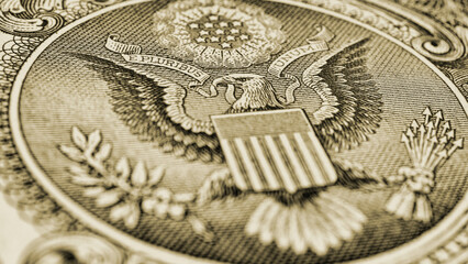 Wall Mural - 1 us dollar. fragment of banknote. reverse of bill with the great seal. the bald eagle is the nation