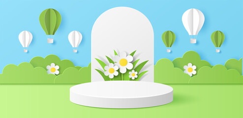 Canvas Print - Paper cut of summer season on green nature landscape with hot air balloons on blue sky background. Cylinder podium for your products display presentation. Vector illustration