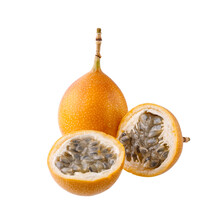 Whole And Sliced Exotic Orange Yellow Granadilla Fruit Closeup Isolated On White