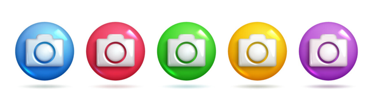 Camera icons in different colour variations like blue, red, green, yellow, and violet. 3d realistic camera icon buttons. 3d Sets of Vector Elements.