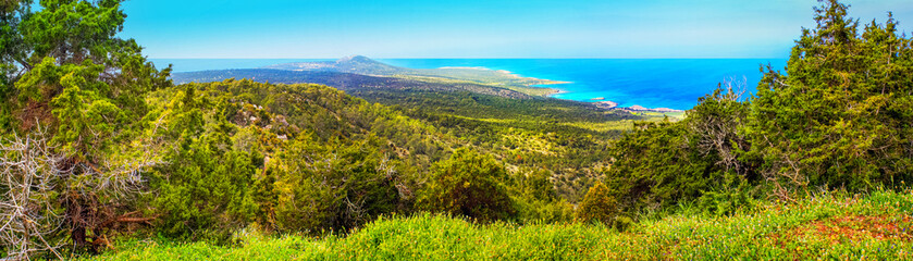 Wall Mural - Mediterranean landscape, panorama, banner - top view from the mountain range to the Karpas Peninsula, northeastern part of the island of Cyprus
