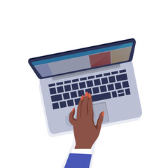 Poster - Table top view. Female hand and laptop. Cartoon character working with computer. Device on desk. Woman arm. Office worker typing with keyboard. PC technology. Vector digital tablet