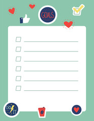 Poster - Planner sticker. Goals list. Tasks planning. Checklist page cartoon design. Agenda and reminder. Cute marks for kids notebook. Journal and diary sheet. Vector trendy organizer paper