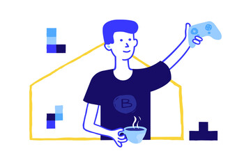 Poster - Game development concept. Doodle VR and 3D video gaming mechanics trendy flat objects. Boy with joystick. Computer technology. Teenager holding gamepad. Vector virtual reality playing