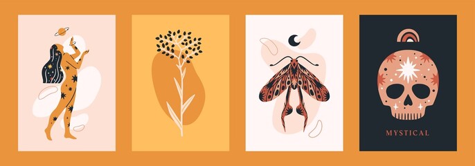 Wall Mural - Set of mystical themed vertical cards templates. Witchcraft collection hand drawn vector illustrations.