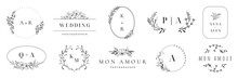 Wedding Logo. Elegant Monogram, Hand Drawn Marriage Invitations With Wreath Borders Vector Set