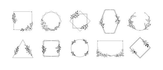 Sticker - Floral ornaments frames. Geometric borders with herbs leafs, flower ornaments and leafy branches vector set