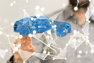 Poster - Man holding and touching holographic smart car