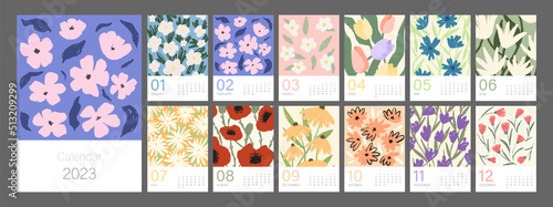 Floral Calendar Template For 2023 Vertical Design With Bright Colorful Floral Calendar Template For 2023 Vertical Design With Bright Colorful