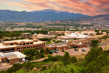 The University Of Colorado Colorado Springs Campus During The Day With Pikes Peak And The Rocky Mountains In The Background
