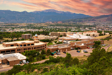 The University of Colorado Colorado Springs Campus During the Day with Pikes Peak and the Rocky Mountains in the Background