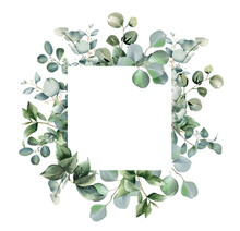 Eucalyptus Square Border. Floral Frame. Watercolor Illustration Isolated On White. Greenery Clipart For Wedding Invitation, Greeting Cards, Decoration, Stationery Design. Hand Drawn Green Herbs